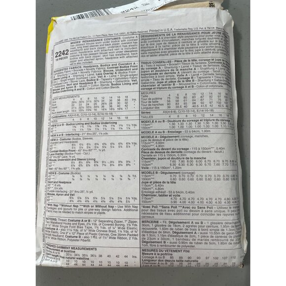 McCalls Misses Renaissance Costume Sizes E (14-16-18) Sewing Pattern 2242 NEW - Picture 3 of 6